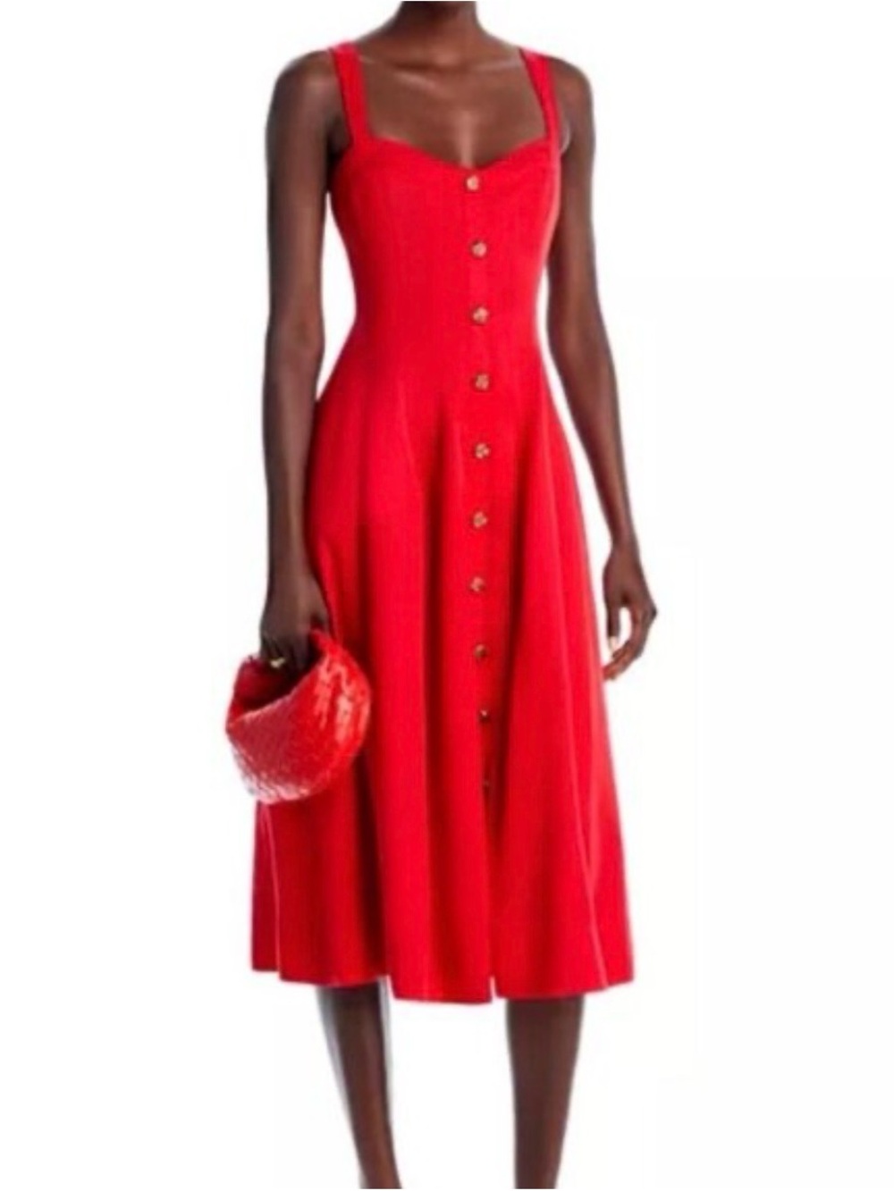 Aqua X Liat Baruch Lined Button Front Sweetheart Neckline Dress Red Gold Buttons
